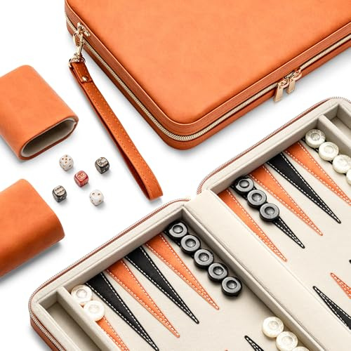 Backgammon-Sets für Erwachsene, klassisches Brettspiel mit faltbarem Kunstleder Backgammonetui, tragbares Reise-Backgammon-Set, inklusive 30 künstlichen Horn-Checkern (Orange)