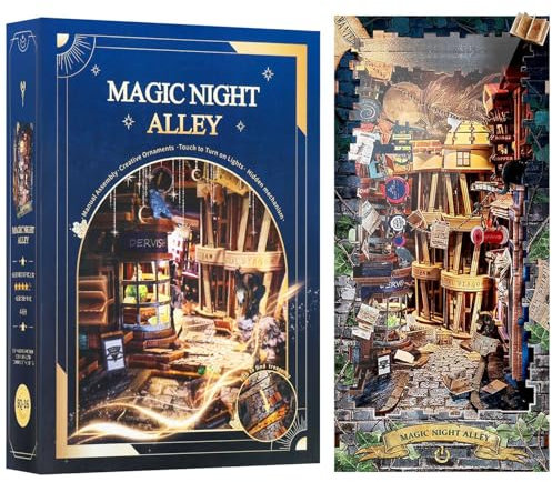 RONSTONE Book Nook - Casa Delle Bambole Booknook con Copertura Antipolvere e Luce LED - Vicolo Magico Notturno Puzzle 3D Inserto per Libreria Regalo Creativo