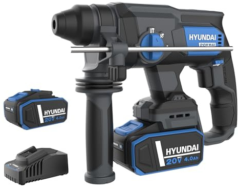 HYUNDAI Akku-Bohrhammer RH20X-20-4A2 | 20V, bürstenloser Motor | 2 J, 0-4700 B/Min | SDS-Plus, Zusatzgriff, Tiefenanschlag | Lieferumfang: 2 x 4.0Ah Akku, Ladegerät