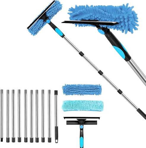 KDXYSL Fensterreiniger mit Teleskopstiel, Profi Teleskop Fensterwischer mit Silikonabzieher Mikrofaserschrubber Verlängerungsstange, Fensterreinigungsset für Bad, Dusche, Glas, Spiegel, Auto