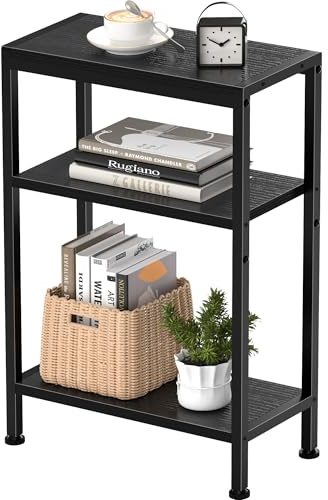 Schmaler Beistelltisch, Nachttisch, Kleiner Tisch, 3 Ablagen Nachttisch Schmal mit Stauraum, sofa beistelltisch für schmale Räume, Wohnzimmer, Schlafzimmer, Küche & Balkon, Arbeitszimmer (Schwarz)