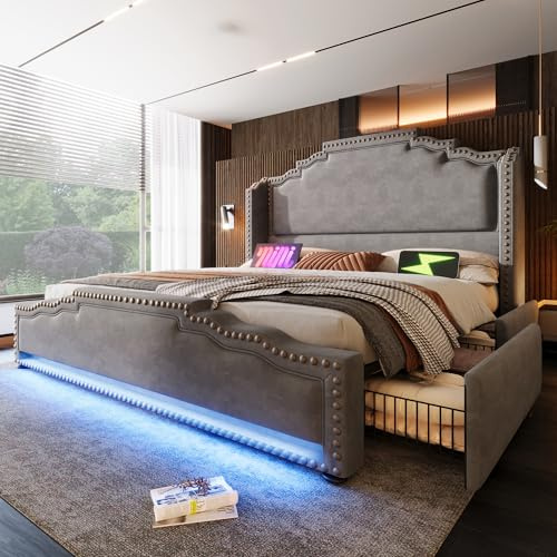 Merax Polsterbett 140x200cm Doppelbett Bettrahmen mit 4 Schublade, Gepolstertes Bett mit LED & USB-C-Ladeanschluss, Stauraumbett Funktionsbett mit Lattenrost, Samt, Retro-Stil, ohne Matratze, Grau