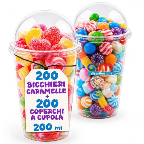 G.M. DISTRIBUZIONE 200 Bicchieri per Caramelle in PET da 200ml + 200 Coperchi A Cupola in PS, Bicchieri e Coperchi Usa e Getta Trasparenti, Bicchiere Monouso Alta Qualità per Bar e Gelaterie.