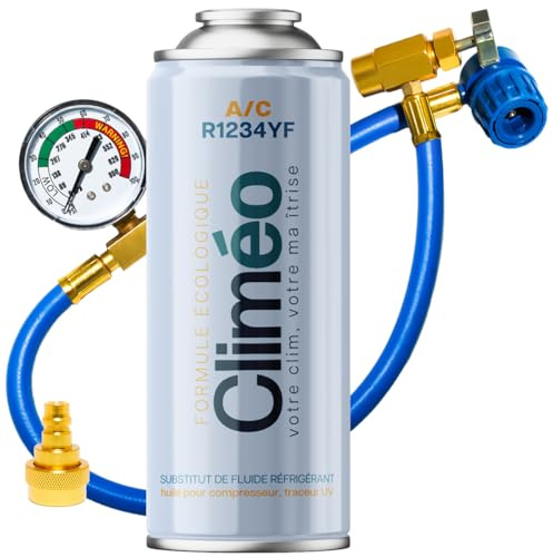 CLIMÉO Kältemittelersatz R1234yf Nachfüllset - Klimaanlage selbst befüllen & warten - Entspricht 625g R1234yf - Öl & Dichtmittel - Für PKW ab Bj. 2017-400ml Dose + Schlauch