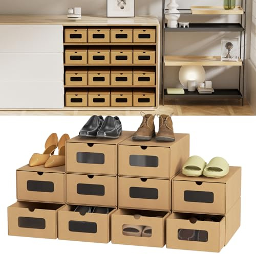 Peviasot 35 × 23 × 13 cm – 10 cajas de almacenamiento para zapatos marrón puro con ventana – Cajas plegables de papel kraft apilables para zapatos de hasta la talla 45