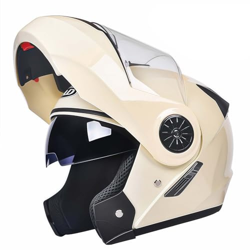 AFAGUEEUPD Motorrad-Integral-Klapphelm mit Doppelvisier, DOT/ECE-zugelassen, Integralhelm für Motorräder, Roller und Straßenmotorräder, für Erwachsene Männer und Frauen Beige,A