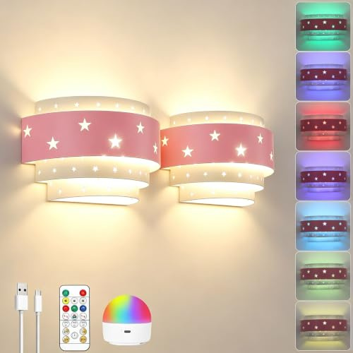 TRUYOK Akku Kinder Wandleuchte RGB Dimmbar Wandlampe mit Fernbedienung und Abnehmbarer Glühbirne Kinderlampe Ohne Stromanschluss Sterne Nachttischlampe für Schlafzimmer Treppen Flur Jungen Mädchen