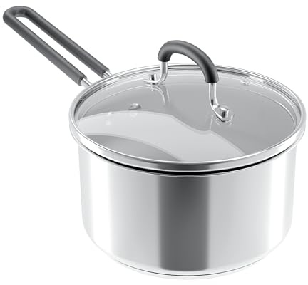COOKNANO 18cm Stainless Steel Saucepan with Glass Lid, Stay-Cool Handle, 2L Oven Safe Stainless Steel Pan, Durable Cookware for Healthy Cooking, Induction Ready, Compatible with All Cooktops