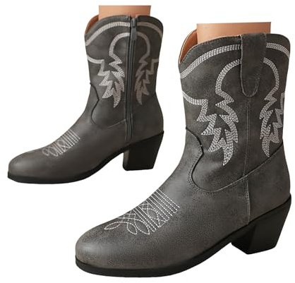 Xbemkste ankelstövlar dam cowboystövlar broderi halvskaft bekväm klack ankelstövlar västerländska stövlar eleganta damstövlar korta skaft kängor ankelstövlar, GRÅ, 40.5 EU