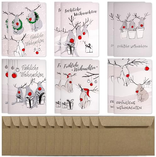 Weihnachtskarten mit Umschlägen Din A6 – 12er-Set exklusiver Art Nuvo-Karten. 6 Designs, je 2 Karten, mit Umschlägen aus Recyclingpapier.