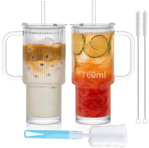 Kongming Vasos de 760 ml con tapa y pajita, 2 vasos acanalados duraderos con tapa, juego de vasos acanalados a prueba de fugas con asa, cepillo para pajita y cepillo para tazas