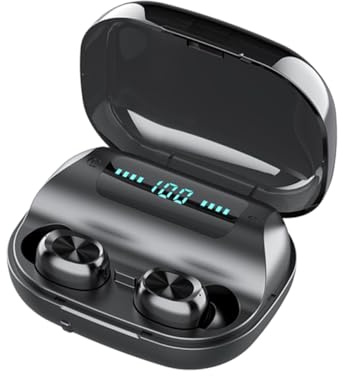 FONDOTIN Auriculares Inalámbricos Impermeables con Reducción de Ruido Pantalla LED de Batería Control Táctil Estuche de Carga Portátil para Uso Exterior Negros