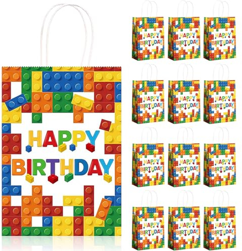 Ovanda 12 Stück Bausteine Geschenktüten Kindergeburtstag, mit Henkel