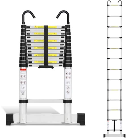 Joparri aluminiumteleskopstege 3,8 m, utdragbar stege med stabilisator och avtagbar krok, halkfri aluminiumledare stående stege, multifunktionsstege, 150 kg lastkapacitet