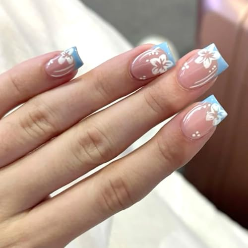 Ceboic 24Pcs Press On Nails Kurz Eckig French Blau Nägel Zum Aufkleben Acryl Full Cover Künstliche Nägel Glänzende Weiße Blumen Fingernägel Zum Aufkleben Natürlich Fake Nails für Frauen und Mädchen