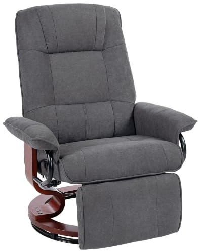 HOMCOM Relaxsessel mit Liegefunktion 360° Drehbar Leinenoptik Grau | Verstellbar Rückenlehne, Fußstütze, Fernsehsessel , Ruhesessel mit Holzfuß, Liegesessel TV-Sessel, Wohnzimmer Schlafzimmer