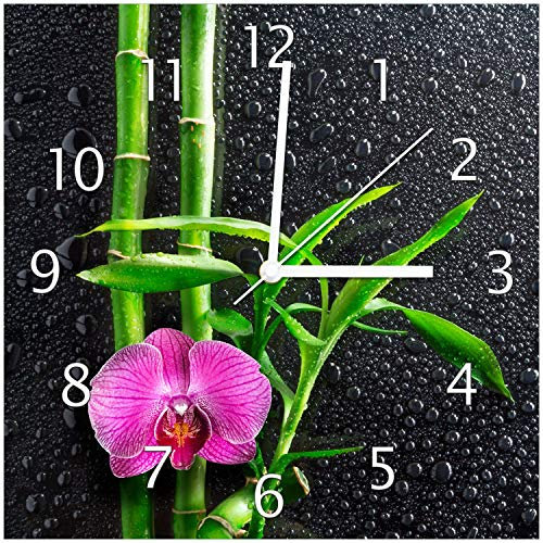 Wallario Design-Wanduhr Bambus und Pinke Orchidee auf schwarzem Glas mit Regentropfen aus Glas, Motiv-Uhr Größe 30 x 30 cm, weiße Zeiger