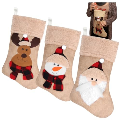 com-four® 3X calcetín navideño Premium XL Hecho de Yute - Botas de Papá Noel para Rellenar - Adorno navideño para Colgar - Calcetín de Papá Noel en 3 Dulces diseños