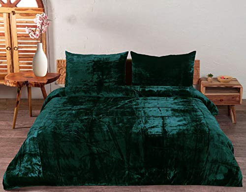 Sophia-Art 3 Pcs Ultra Luxury Rayon Velvet Bedding Boho Solid Duvet Cover UO Comforter Cover (Dark Green, Queen 90x90)