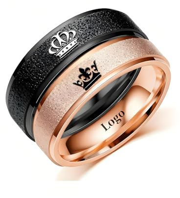 Ihanskio Bagues de Couple Couronne Givrée Personnalisées À l'intérieur du Texte Bagues de Promesse Gravées pour Lui et Ses Bandes de Paire Personnalisées pour Fiançailles (Noir+or rose-6mm)