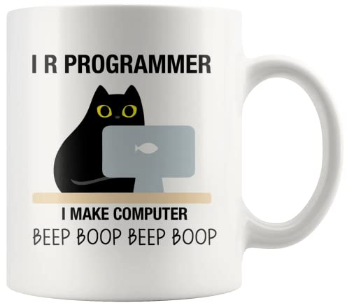Panvola I R Programmer I Make Computer Beep Programmer Gifts for Boyfriend Husband Girlfriend Wife Cat Lover Programming Student Graduation Gifts Ceramic Mug 11 oz White | STEM Gift Tech Gifts Ceramic Mug Novelty Drinkware