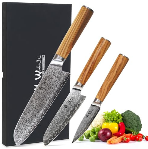 Wakoli Oribu 3er Damastmesser Kiritsuke Set – 11, 15, 20 cm Klingen aus 67 Lagen Damaststahl mit AUS-10 Kern, Olivenholzgriffe, Geschenkbox –Scharfes Küchenmesser Set für Fleisch, Fisch, Gemüse