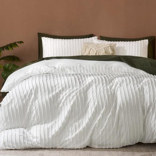 JELLYMONI Duvet Cover Queen Size White - 3PCS Boho Striped Duvet Cover Set Polyester Tufted Bohemian Textured Comforter Cover 90×90in with Corner Ties & Zipper and 2 Pillowcases