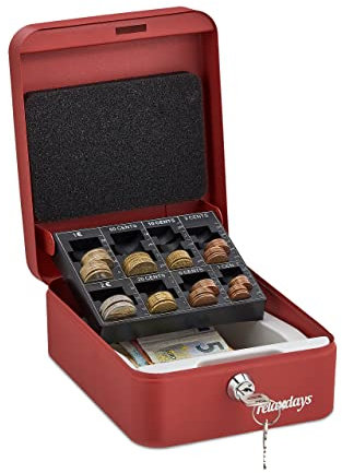 Relaxdays Geldkassette mit Münzzählbrett, abschließbar, Stahl, tragbar, Kleingeld & Scheine, HBT: 8,5 x 16 x 20 cm, rot