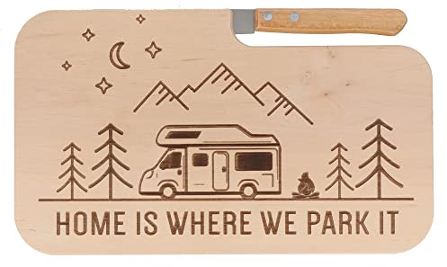 Spruchreif | Brotzeitbrett mit Messer | Frühstücksbrett mit Gravur | Holzbrett mit Messer | Outdoor Geschenk | Geschenk für Camper | Geschenk für Wanderer | Outdoor Frühstück| Home is where we park it
