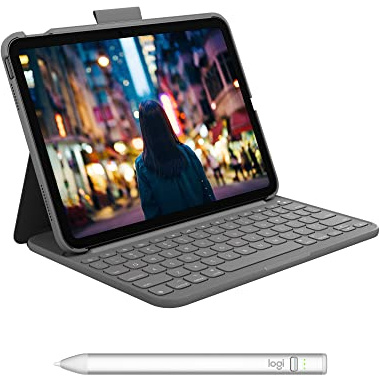 Logitech Slim Folio Keyboard Case for iPad (10th gen & A16) with wireless keyboard and Logitech Crayon (USB-C) digital pencil for all iPads (2018 releases and later)