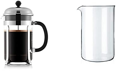 BODUM Chambord 12 Cup French Press Coffee Maker, Chrome, 1.5 l, 51 oz & 1512-10 12 Cup Coffee Press Beaker, Glass - Transparent, 1.5L