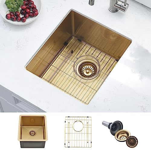 BoomHoze Gold Bar Évier encastrable 38 x 43 cm | Petit évier de cuisine pour bar humide extérieur RV calibre 16 en acier inoxydable SUS304 bol simple