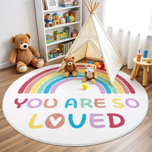 Enyhom Round 120cm/47.24inch Rainbow Kids Rug for Girls Bedroom Fluffy Circle Play Carpet Rugs, Non-slip Machine Washable Nursery Rugs Crawling Mat for Baby