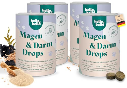 HELLOBELLO Kaltgepresste Magen Darm Drops Hund 4x350g für die Darmflora | Bei Sodbrennen & Magen-Darm-Beschwerden - mit Meeresalge & Flohsamen