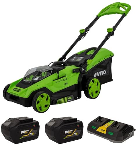 VITO – Cortacésped inalámbrico 40 V 2 baterías de litio 6 Ah motor sin escobillas ancho 400 mm, bandeja 40 L, 6 alturas de corte 25-75 mm + cargador doble