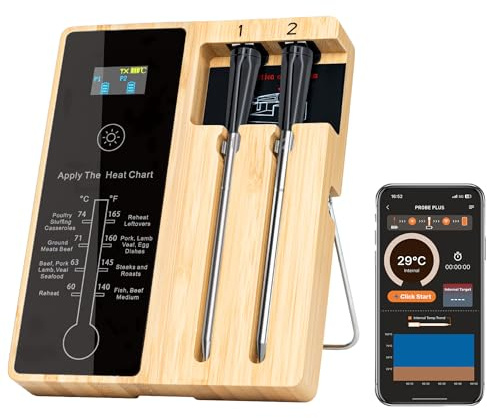 Mcbazel Wireless Smart Bluetooth Meat Thermometer,400FT Wireless Digital Meater Thermometer with LED Screen, IPX7 Waterproof Food Cooking Probe for Steak Meat for BBQ Grill Smoker Oven Kitchen-2 PCS