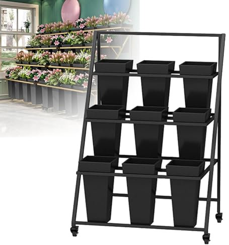 Présentoir de Fleurs, Support de Plantes, présentoir de Fleurs de Fleuriste en Fer épaissi avec Roues et Seau, étagère de Fleuriste en Fer forgé (A)
