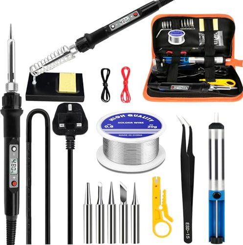 Soldering Iron Kit, 80W LCD Adjustable Temperature 180-520°C, 13 in 1 Electric Soldering Iron Kit Welding Tool, 5 Soldering Tips, Desoldering Pump, Wire Stripper Cutter, Stand, Tweezer