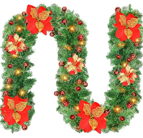 Weihnachtsgirlande, Tannengirlande Dekoration, Weihnachtlicher Tannenkranz mit Blumen und Beere, Künstlicher weihnachtsgirlande, Weihnachtsdeko für Treppen Kamin Haustür Terrasse (H)
