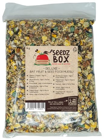 Deluxe Rat & Mouse Food 1kg – Fruity Seed Nut Muesli Feed – Including Banana Apple Sunflower Seeds Peanuts Barley & Vitamin C – Fancy, Dumbo, Rex, Hairless, Hooded, Manx Satin Rats - Seedzbox