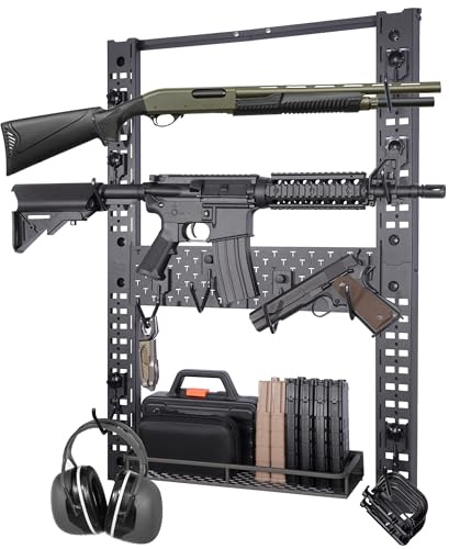 BOOSTEADY Modularity Gun Wall Mount, Hold Up 120LBS Gun Rack for Wall with 10 Mounting J-Hooks, Rifle Shotgun Rack with Additional Storage, 31.8 x 22 Tactical Gear Wall Mount, Functional Gun Racks
