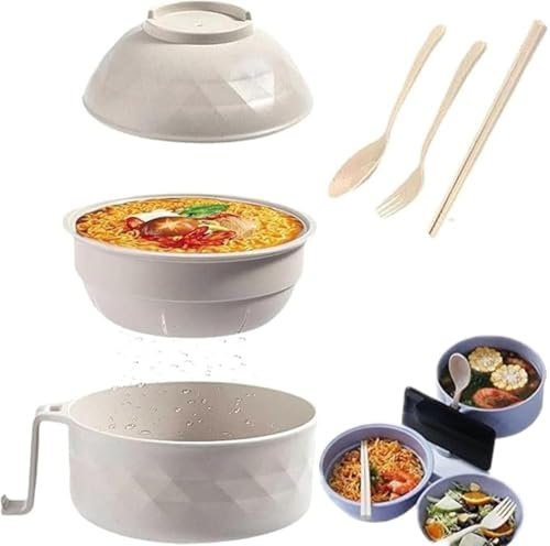 6 Piezas Juego de Cuencos para Ramen con Drenaje y Tapa,Incluye Cuchara,Palillos y Escurridor, Bol para Fideos Japoneses, Udon, Microondas y Lavavajillas,bol de ramen con tapa a prueba de fugas(beige)