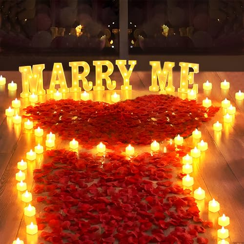 2031 st Marry Me upplysta bokstäver förslag dekorationer, Marry Me skylt med 24 st hjärta flamlösa ljus 2000 st rosenblad för bröllopsförslag romantisk nattdekor