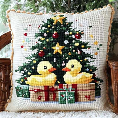 AxiangziK Weihnachten Kreuzstich Set Vorgedruckt,Enten- und Weihnachtsbaumgeschenke,Gobelin Stickbilder Kreuzstich Kissen Set Stickkissen Kreuzstichkissen/Stickkissen-Set,18x18in