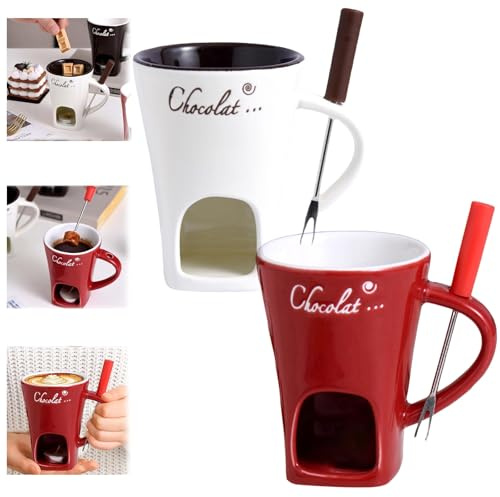 Schokofondue Tasse,Becher zum Schmelzen von Schokolade,Keramik Schokoladenfondue Tasse,Mehrzweck Chocolate Fondue Set mit Gabel und Teelicht,geeignet für Käse,Schokolade,Butter und Karamell (Weiß+Rot)