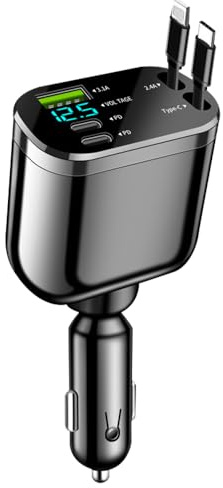 5 in 1 Zigarettenanzünder USB C Auto Ladegerät, Einziehbares 12V/24V Auto Ladegerät Adapter Handy Schnellladegerät KFZ Ladegerät Car Charger Kompatibel mit iPhone, Samsung Galaxy, Google Pixel