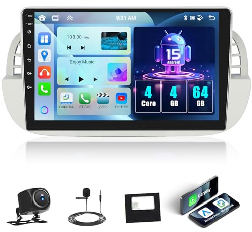 Android 15, 4G+64G GOHHDL Autoradio per Fiat 500 2007-2015 con Navi Carplay Android Auto, 9 Pollici HD TouchScreen Schermo 2Din con GPS WiFi Bluetooth FM/RDS Radio SWC Retrocamera&MIC
