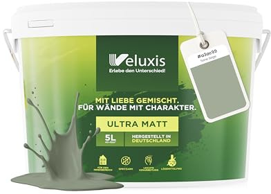 Veluxis Wandfarbe Grün Salbeigrün Grau matt 5 L – Sane Sage | Innenfarbe mit Deckkraft Klasse 1, VOC-frei, ohne Grundierung, tropfarm, für Wohnzimmer und Schlafzimmer