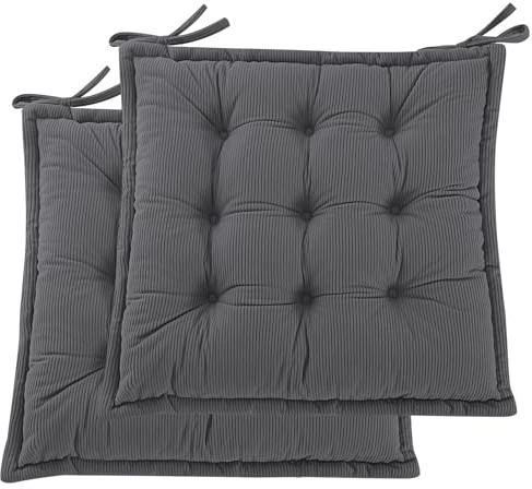 PRIMEPATIO Indoor Sitzkissen Stuhl 2er Set – Komfortable Cord-Sitzmatte Stuhlkissen mit Bändern, Hochwertige Füllung, Ideal für Esszimmer, Büro, Wohnzimmer, Outdoor Gartenstuhl, 50x50x7, Anthrazit