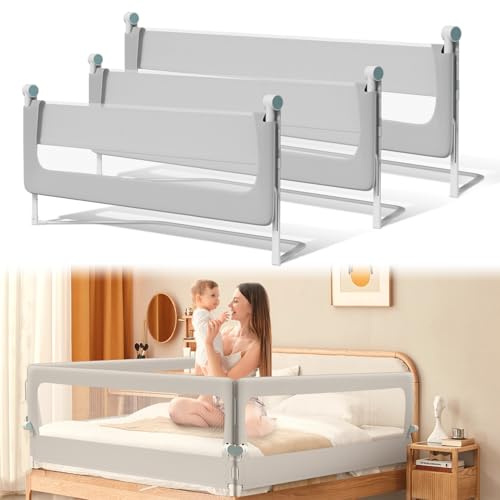 Ikodm Rausfallschutz Bett, Rausfallschutz Boxspringbett 200cm, Bettgitter höhenverstellbar 72-86 cm, zusammenklappbar um 180 Grad, luftiges Netz, einfache Montage, Grau